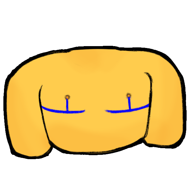 an emoji-yellow chest with bright blue inverted T top surgery scars and nipples and a stylistic white outline